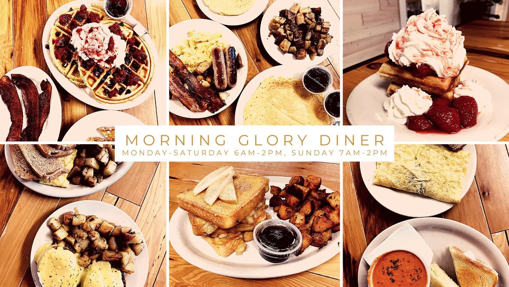 A collage of Morning Glory Diner breakfast plates, waffles, omelets and French toast